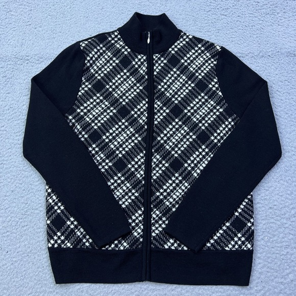 VTG Pendleton Zip Cardigan Women S Black Plaid Sweater Jacket 100% Merino Wool - Picture 1 of 10